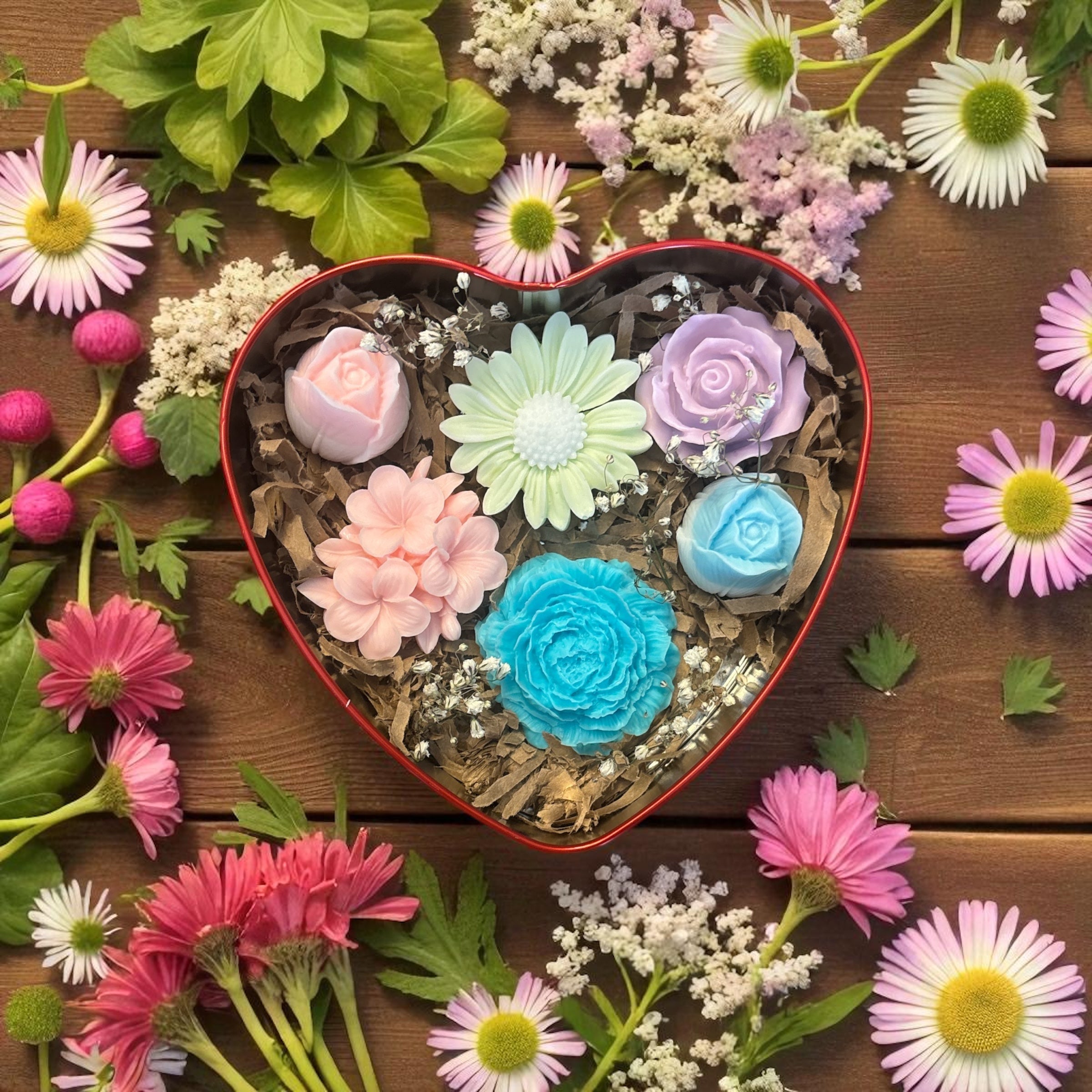 Flower Soaps in a Heart Shaped Tin
